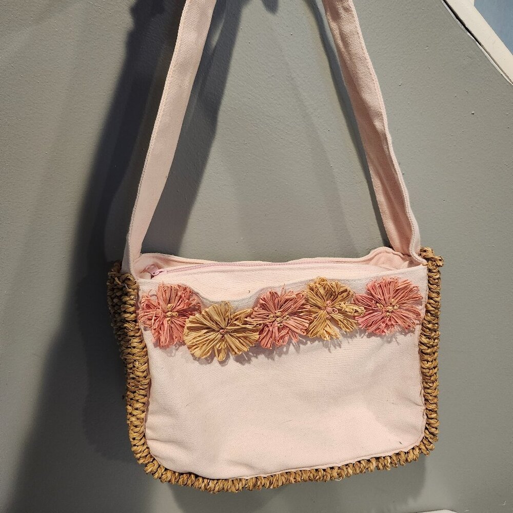 Vintage Purse Woven Rattan Sides Bottom Rattan Straw Flowers Pink Cotton...